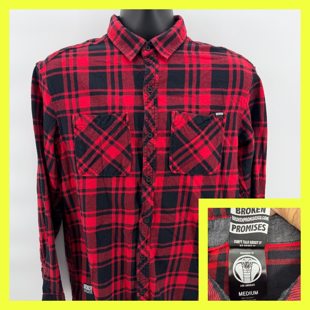 Broken Promises Flannel Shirt Mens Medium Red‎ Black Plaid Cobra Logo Streetwear